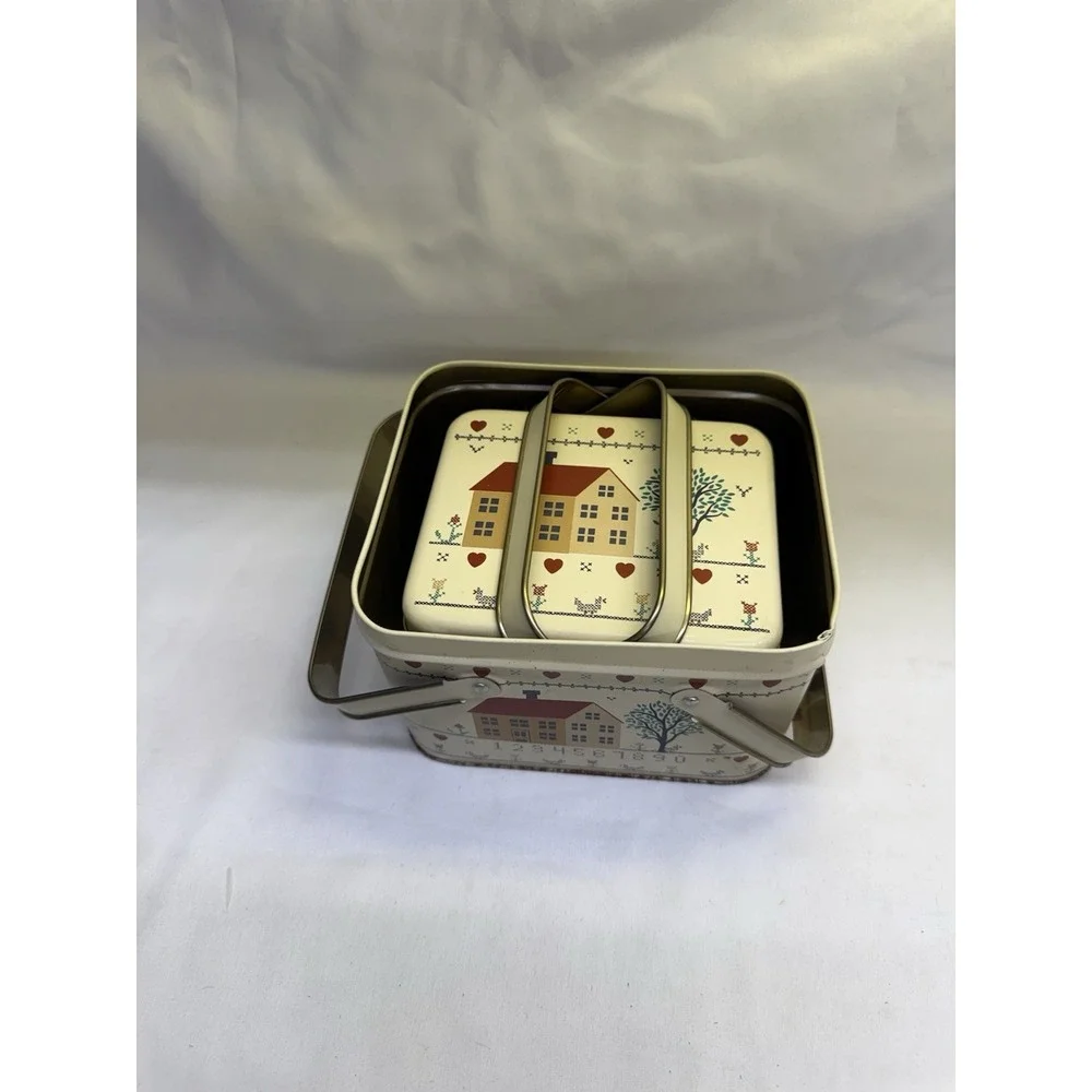Set Of 5 Tin Nesting Canisters & 2 Baskets Country Farm House Hearts Decor VTG